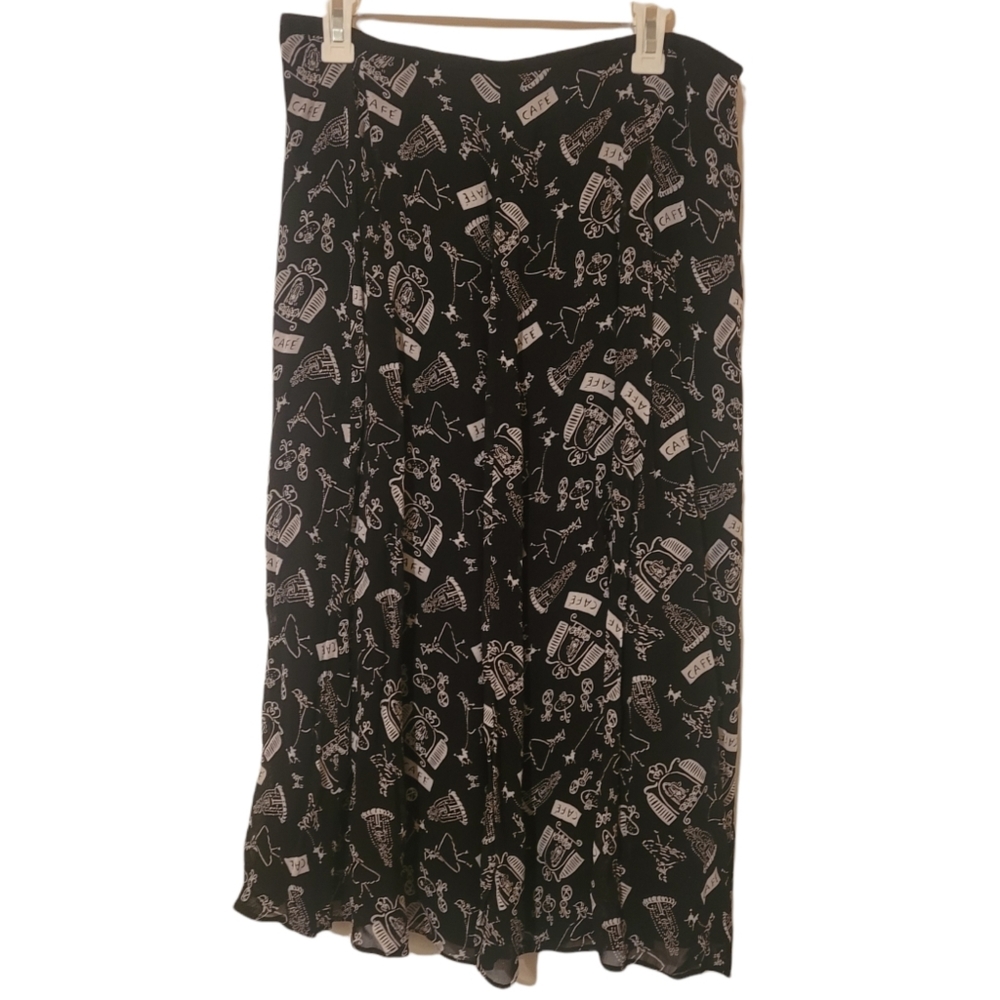 Vintage David Brooks Black French Cafe Print Maxi Skirt Size 14